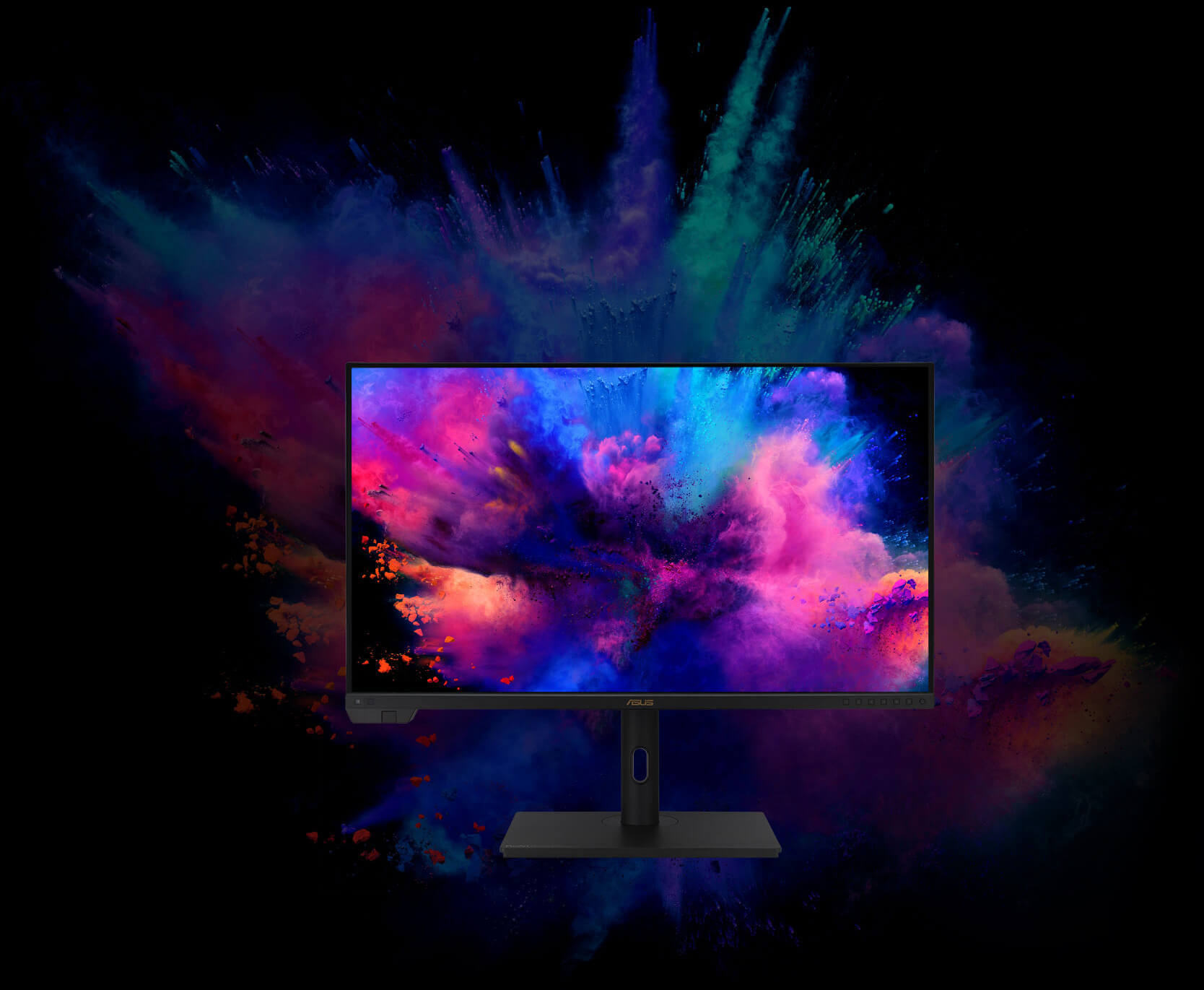 Élénk színű robbanási porfelhő a ProArt Display PA32UCXR képernyőjén