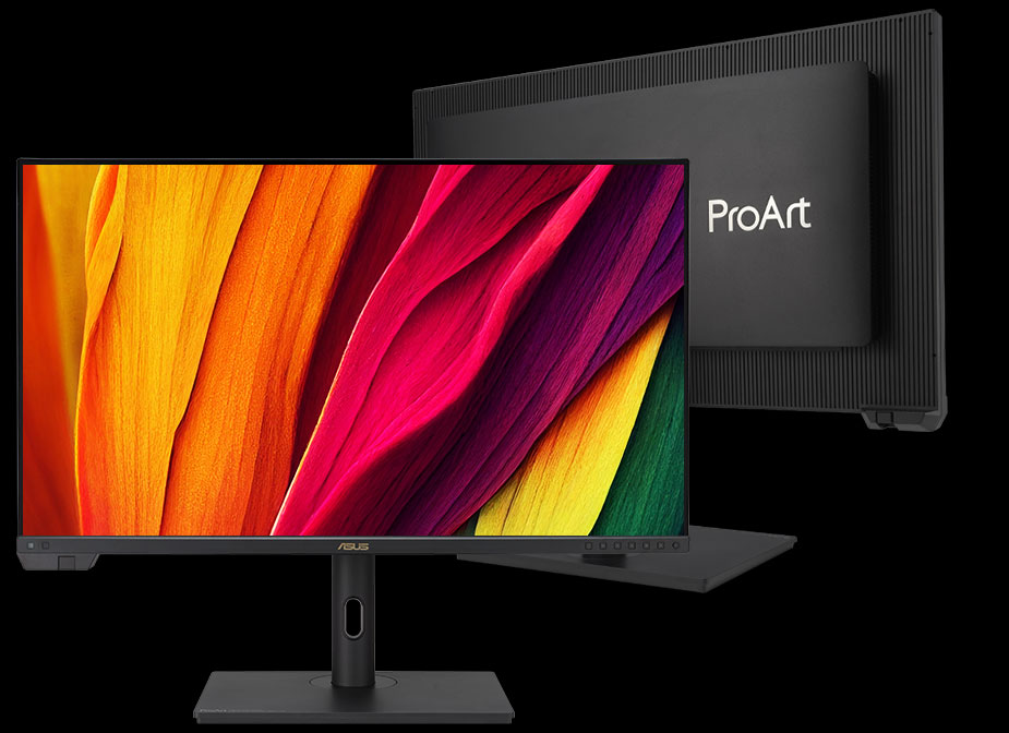 Voor- en achteraanzicht van de ProArt Display PA32UCXR, waarbij de monitor een beeld met levendige kleuren weergeeft.