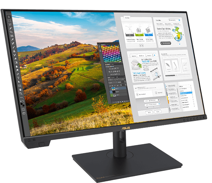 ProArt Display PA32UCXR muestra la visualización en pantalla dividida, con el lado izquierdo del monitor para la edición de fotos, mientras que el lado derecho muestra un navegador web