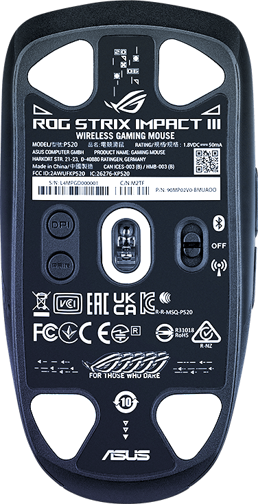 A ROG Strix Impact III Wireless alja sötétítve, kivéve az egér közepén található érzékelőterületet