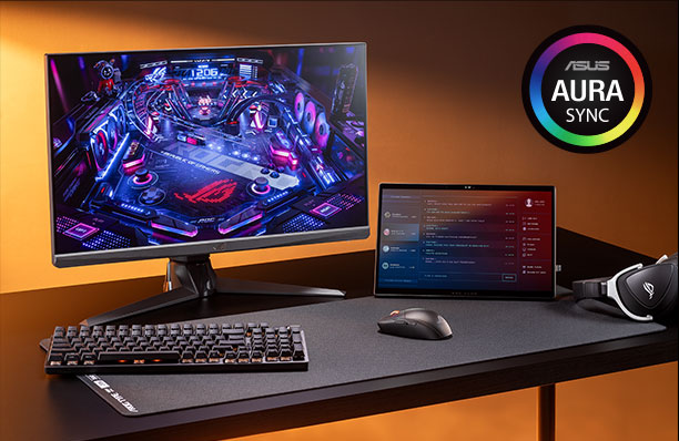 A full ROG PC setup with the ROG Strix Impact III Wireless placed at the center