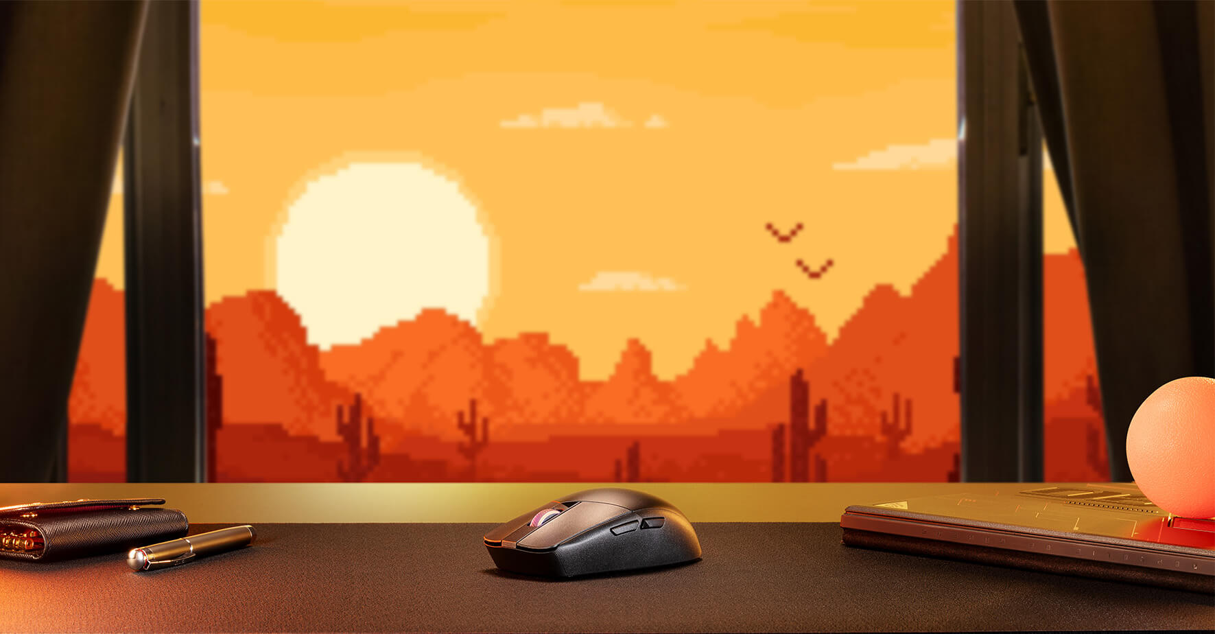  A ROG Strix Impact III Wireless egy asztalon, narancssárga sivatagi háttérrel 