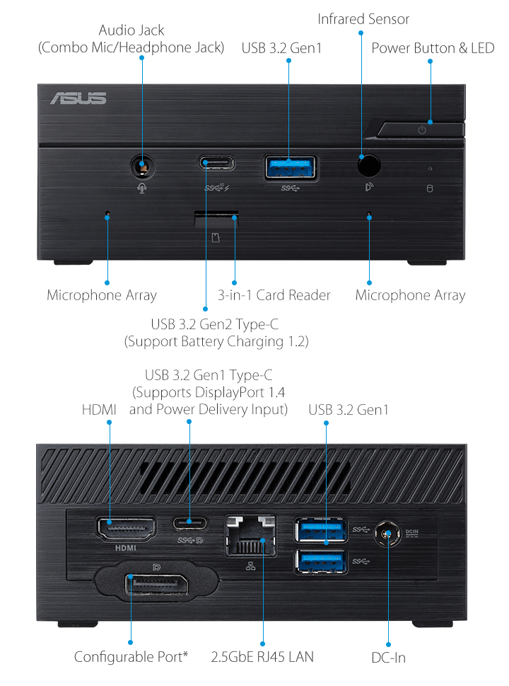 ASUSPRO PN41-Business mini PC- hdmi- USB 3.1- seriële poort en ASUSPRO PN41-Business mini PC-ODD-Draadloze antenne