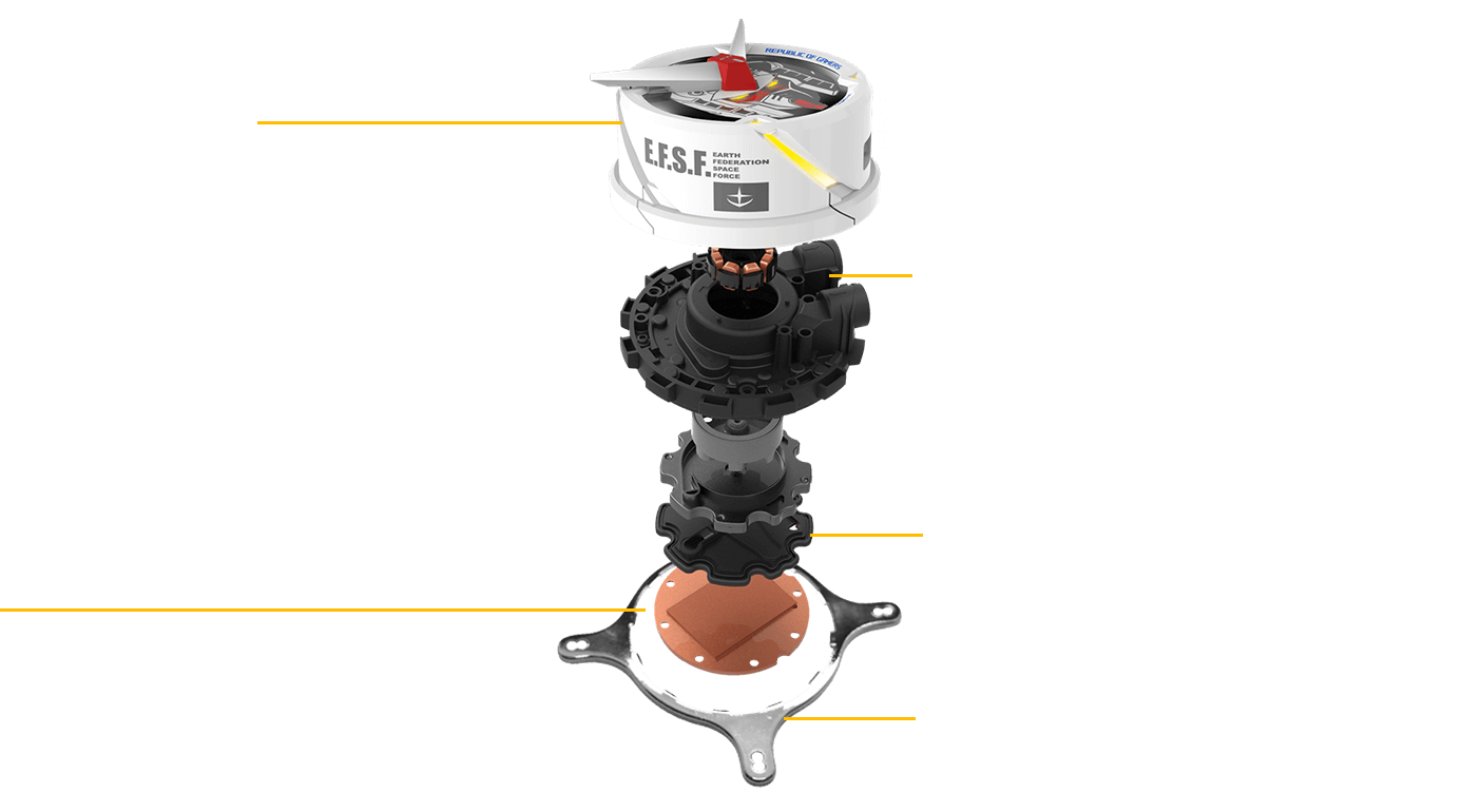 Exploded view of ROG Strix LC 360 RGB GUNDAM EDITION pump block showing individual internal components