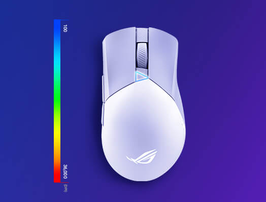 Widok z przodu i z tyłu myszy ROG Gladius III Wireless AimPoint w wariancie Moonlight White z oświetleniem z boku w spektrum kolorów RGB 