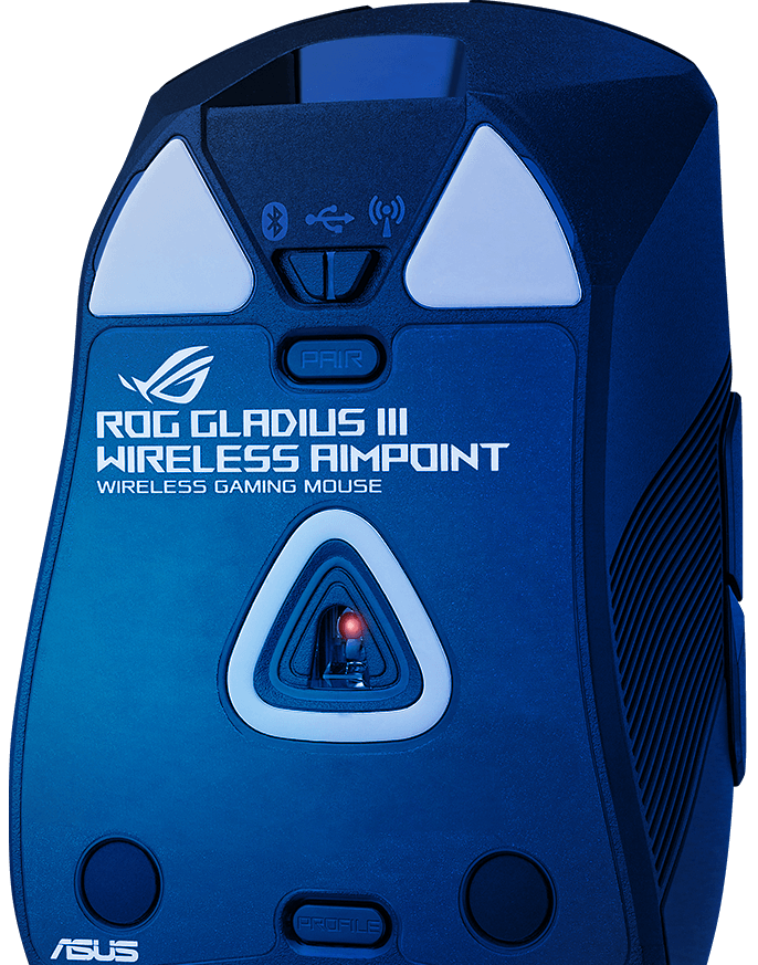 The bottom of the ROG Gladius III Wireless AimPoint with the sensor glowing