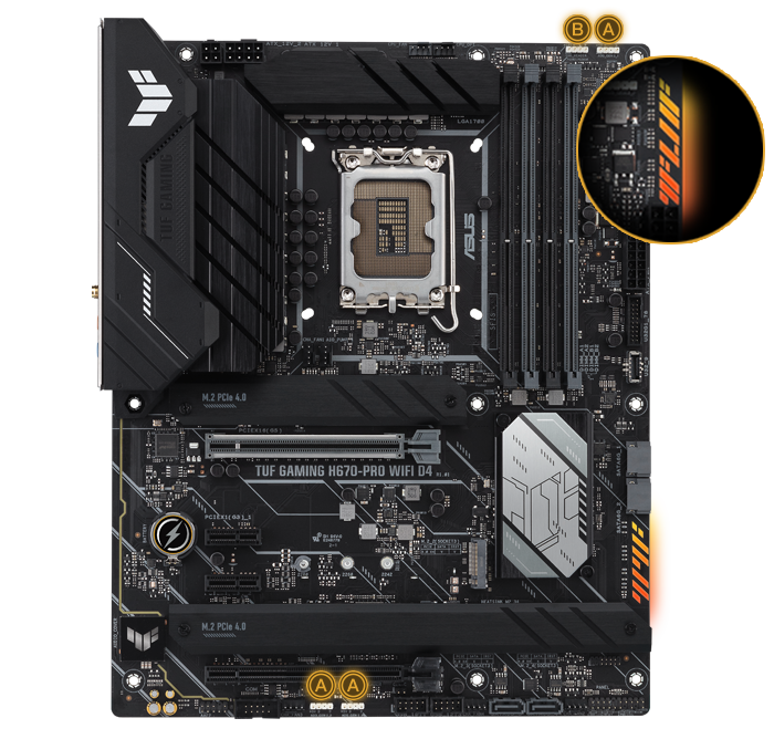 TUF GAMING H670-PRO WIFI D4 motherboard with RGB lighting.