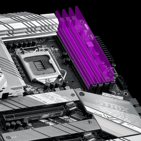 Closeup of ROG Strix Z590-A Gaming WiFi II DIMM slots highlighting Optimem II support