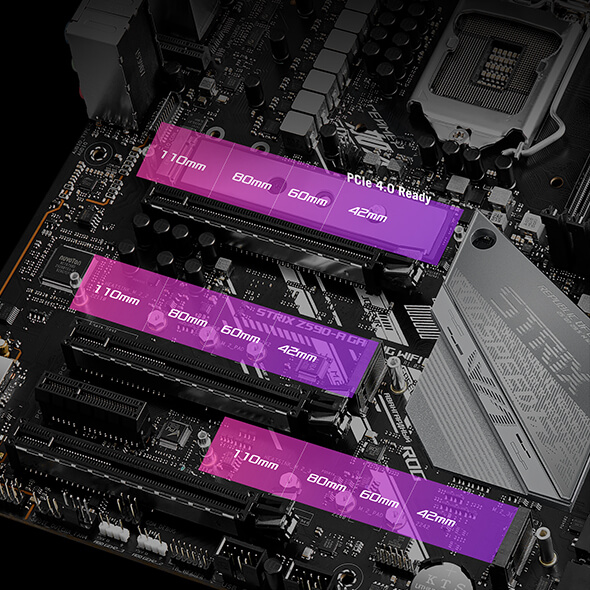 Closeup of ROG Strix Z590-A Gaming WiFi II M.2 slots highlighting PCIe 4.0 support