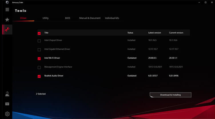 Screenshot of Armoury Crate Device Configuration interface