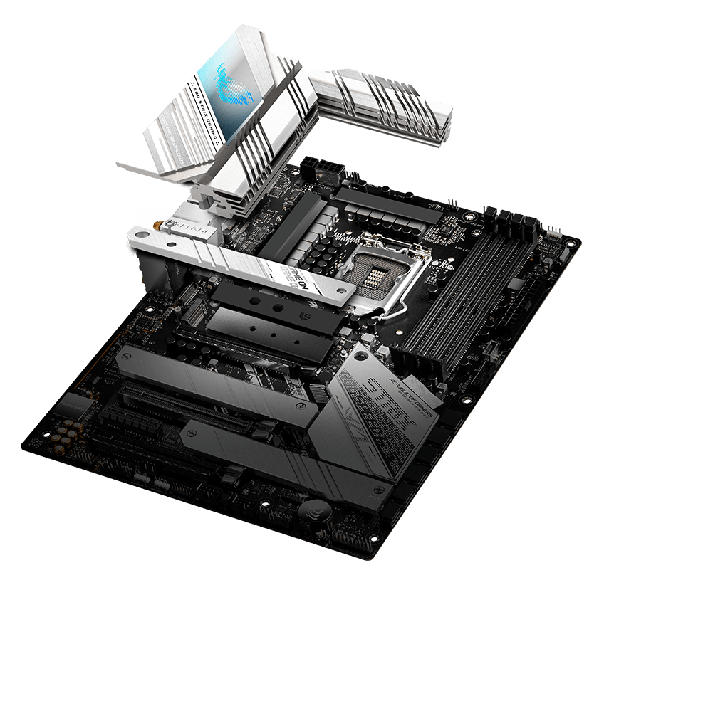 Exploded view of ROG Strix Z590-A Gaming WiFi II cooling elements