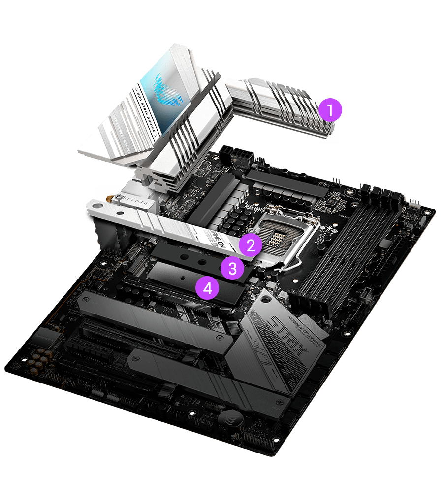 Exploded view of ROG Strix Z590-A Gaming WiFi II cooling elements