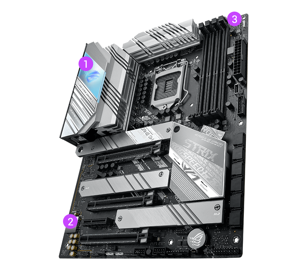 ROG Strix Z590-A Gaming WiFi II angled view highlighting I/O shroud and SupremeFX audio chip