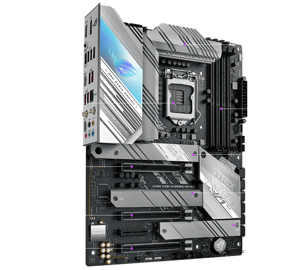 ROG Strix Z590-A Gaming WiFi II front view with multiple design highlights