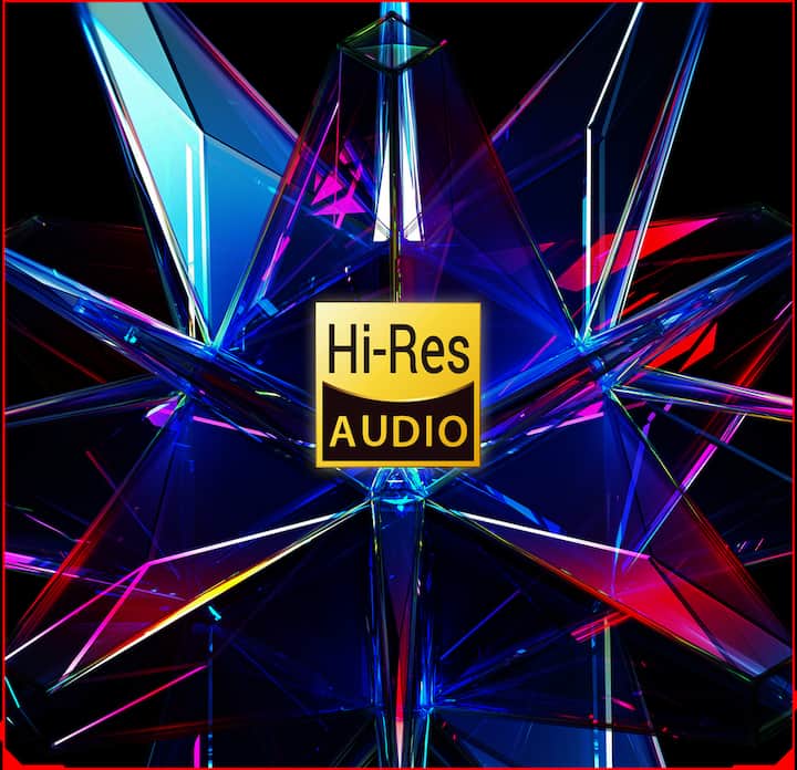 Hi-Res Audio logo surrounded by red and purple geometric shapes.