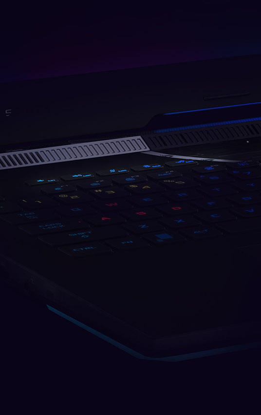 Extreme close-up of the SCAR 17’s keyboard, with “Dedicated Hotkeys” superimposed above the laptop.