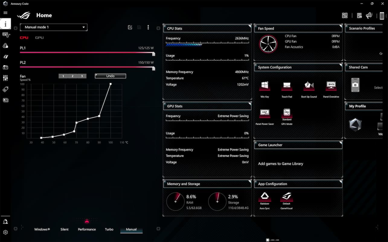 Screenshot of the performance mode toggle in Armoury Crate.