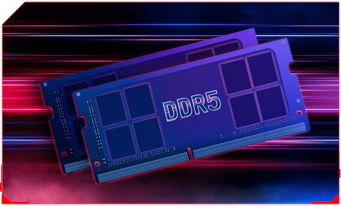 Hai thẻ nhớ DDR5 gắn liền với 8 chip bộ nhớ mỗi chip.