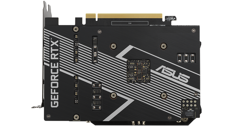 ASUS PH-RTX3060-12G PCB reinforced by an aluminum backplate that adds structural rigidity
