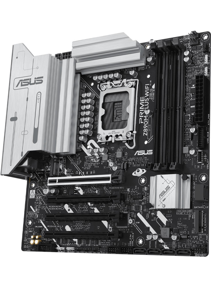 PRIME Z890M-PLUS WIFI Motherboard Frontansicht, schwebend im Raum.