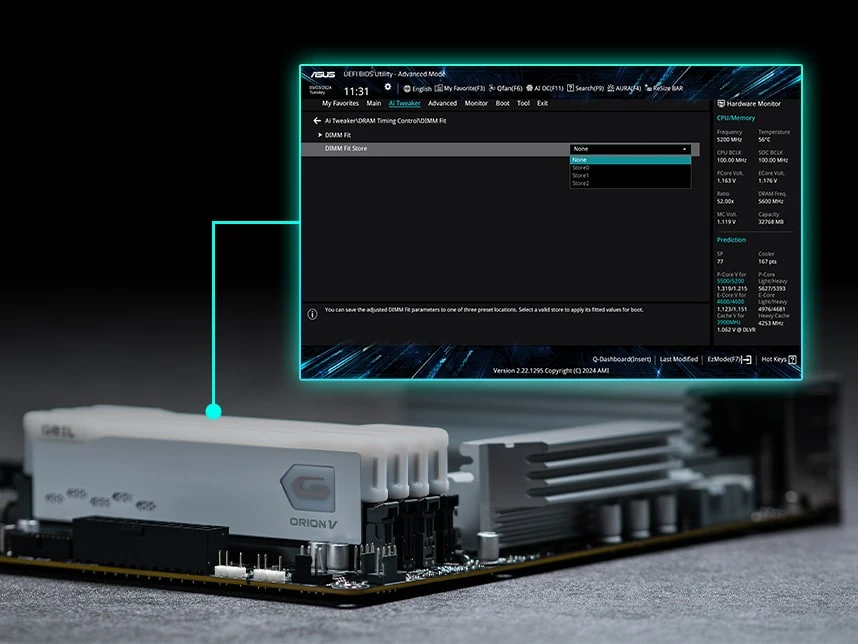 Grafik, die die Position der DIMMs markiert und das UI der Funktion DIMM Fit anzeigt.