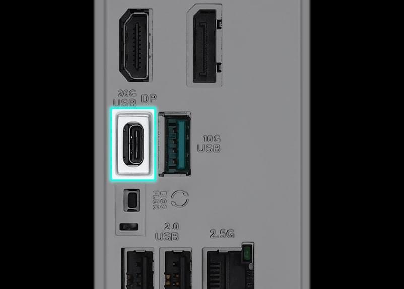 Ports E/S mettant en évidence le port USB 20Gbps avec DP Alt Mode