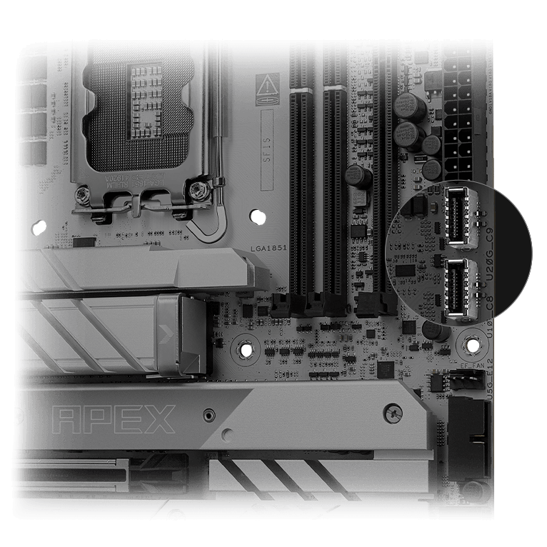 One USB 20Gbps & one USB 10Gbps USB Type-C® Panel Connectors on ROG Maximus Z890 Apex