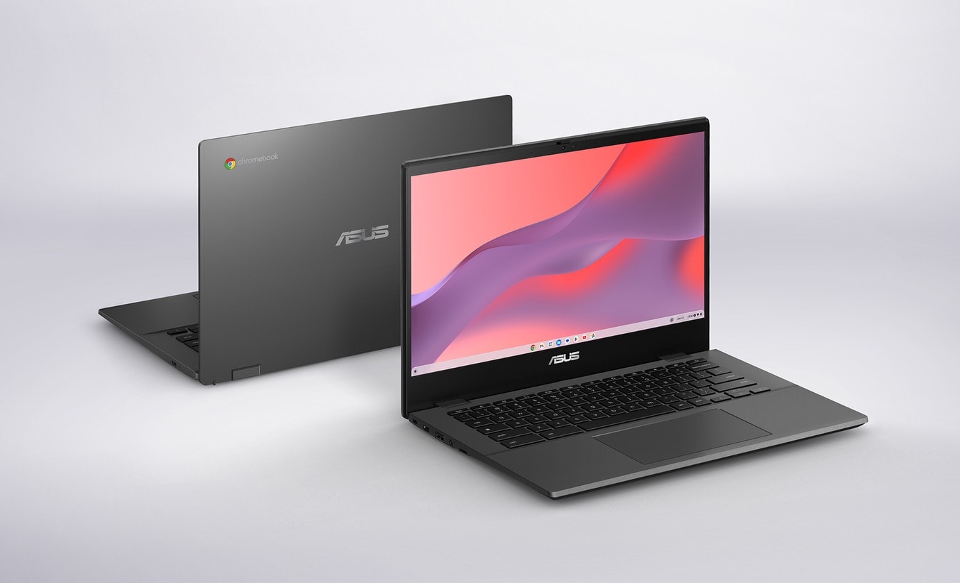 Two ASUS Chromebook CM14s are shown. The front one shows its screen and keyboard. The one at the back shows its transparent silver chassis. 