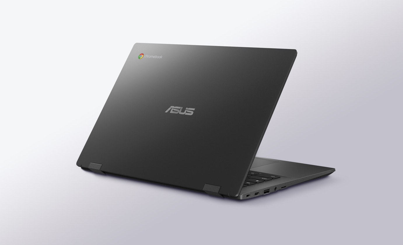 An angled rear view of an ASUS Chromebook CM14 showing the transparent silver chassis. 