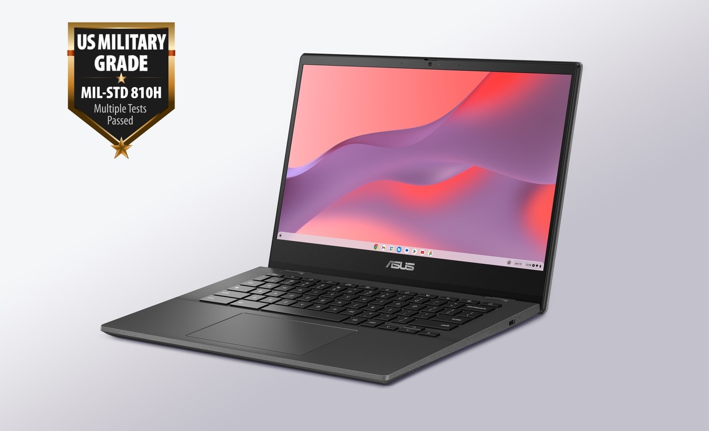 An angled front view of an ASUS Chromebook CM14 with military grade 810H standard badge beside. 