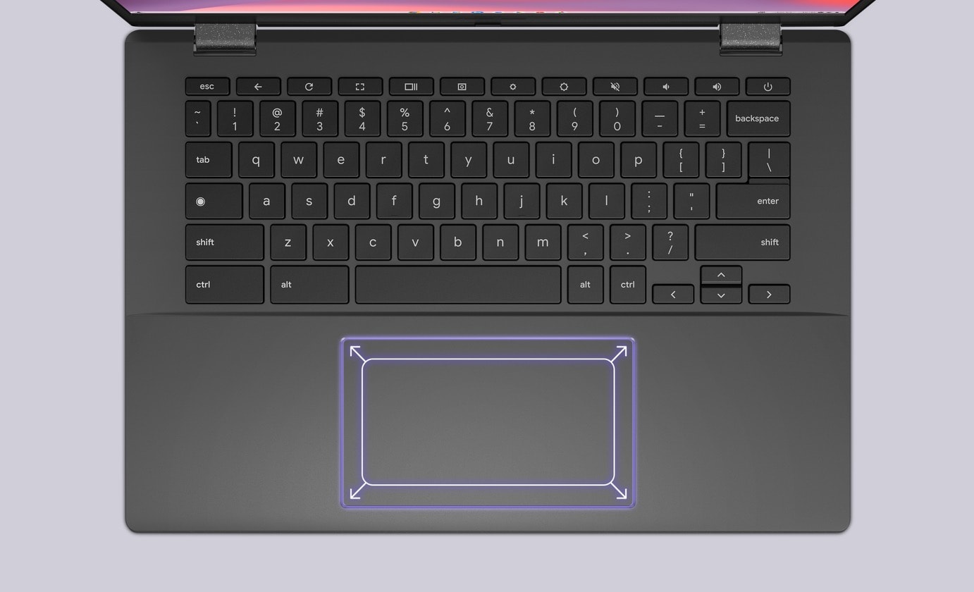 An overhead view of an ASUS Chromebook CM14 with four arrows showing on the corner of the touchpad. 