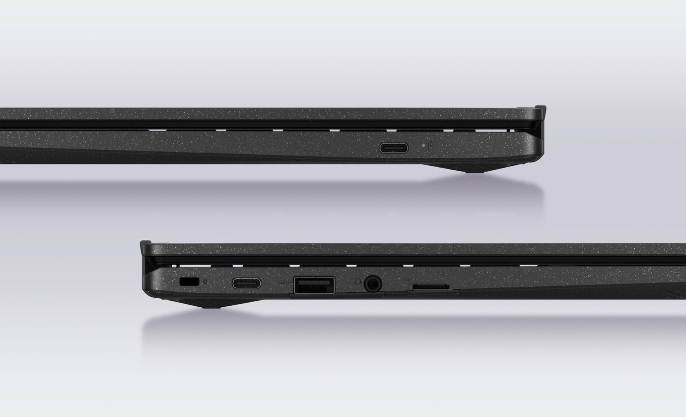 The right side view of ASUS Chromebook CM14 is shown above the left side view of ASUS Chromebook CM14.