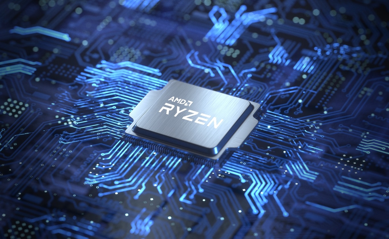 On top, an AMD chip is placed on a circuit board. In the bottom, a CPU benchmark comparison chart displaying the benchmarks between AMD Ryzen 7 4800H and AMD Ryzen 7 5700U processor, AMD Ryzen 7 4800H is better in performance.