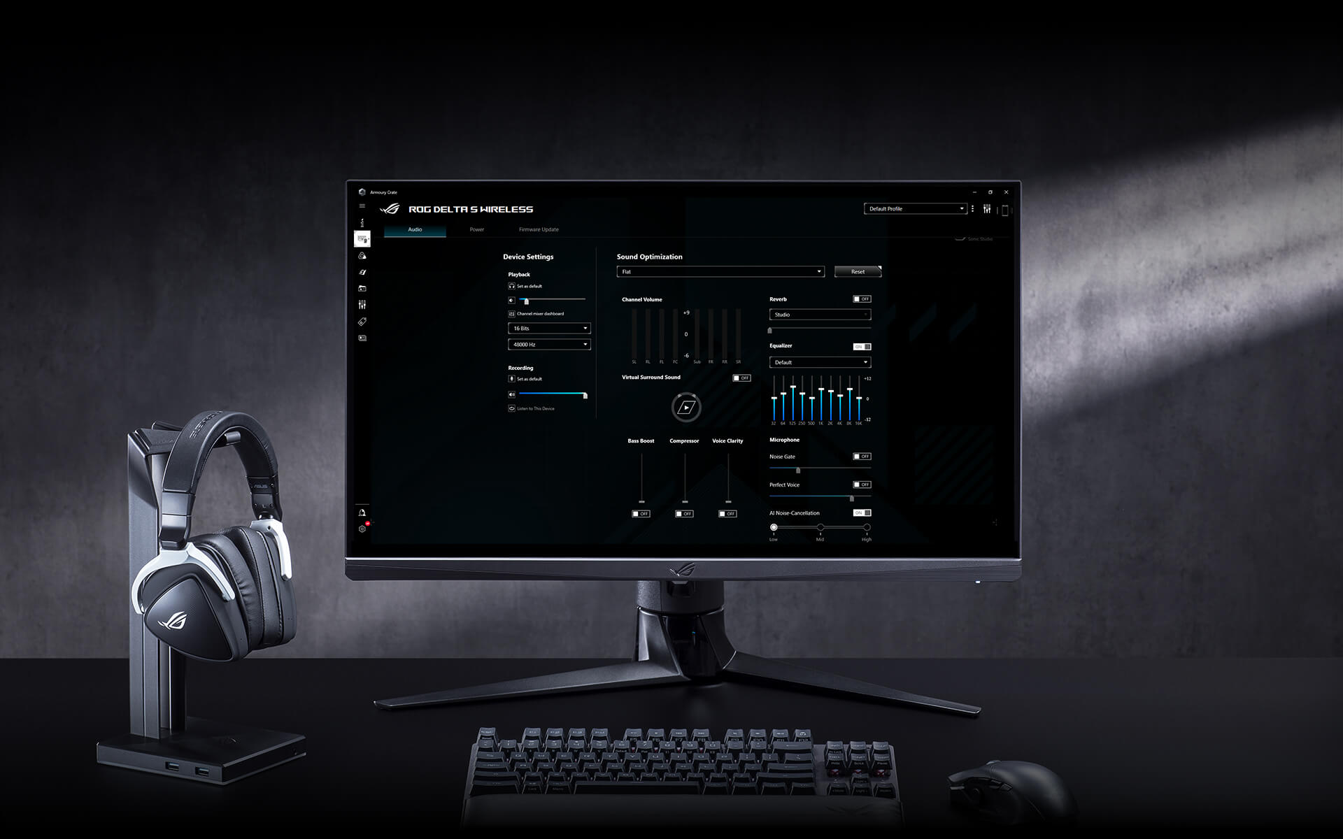 Scenario photo demonstrates Delta S Wireless with headset stand and the Armoury Crate interface on the ROG monitor