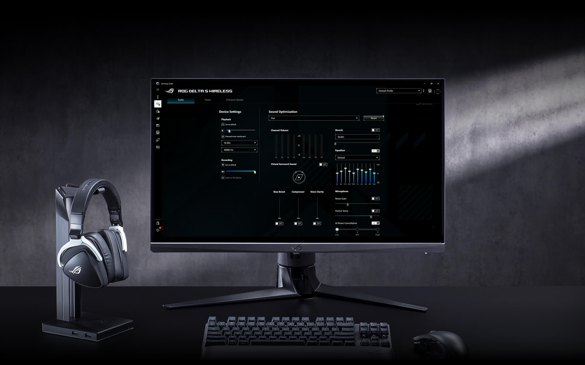 情境模擬圖說明 Delta S Wireless 與耳機架，以及在 ROG 顯示器上展示 Armoury Crate 介面