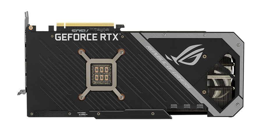 ROG STRIX RTX 3080 TI OC EDITION top view featuring vented backplate and shortened circuit board