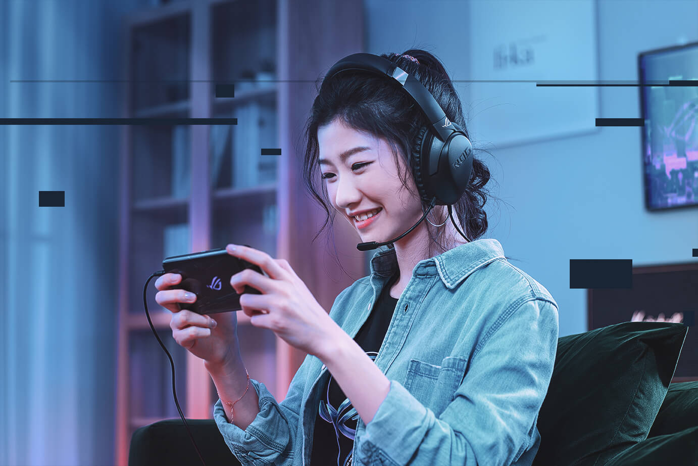 A woman is playing mobile game with a headset