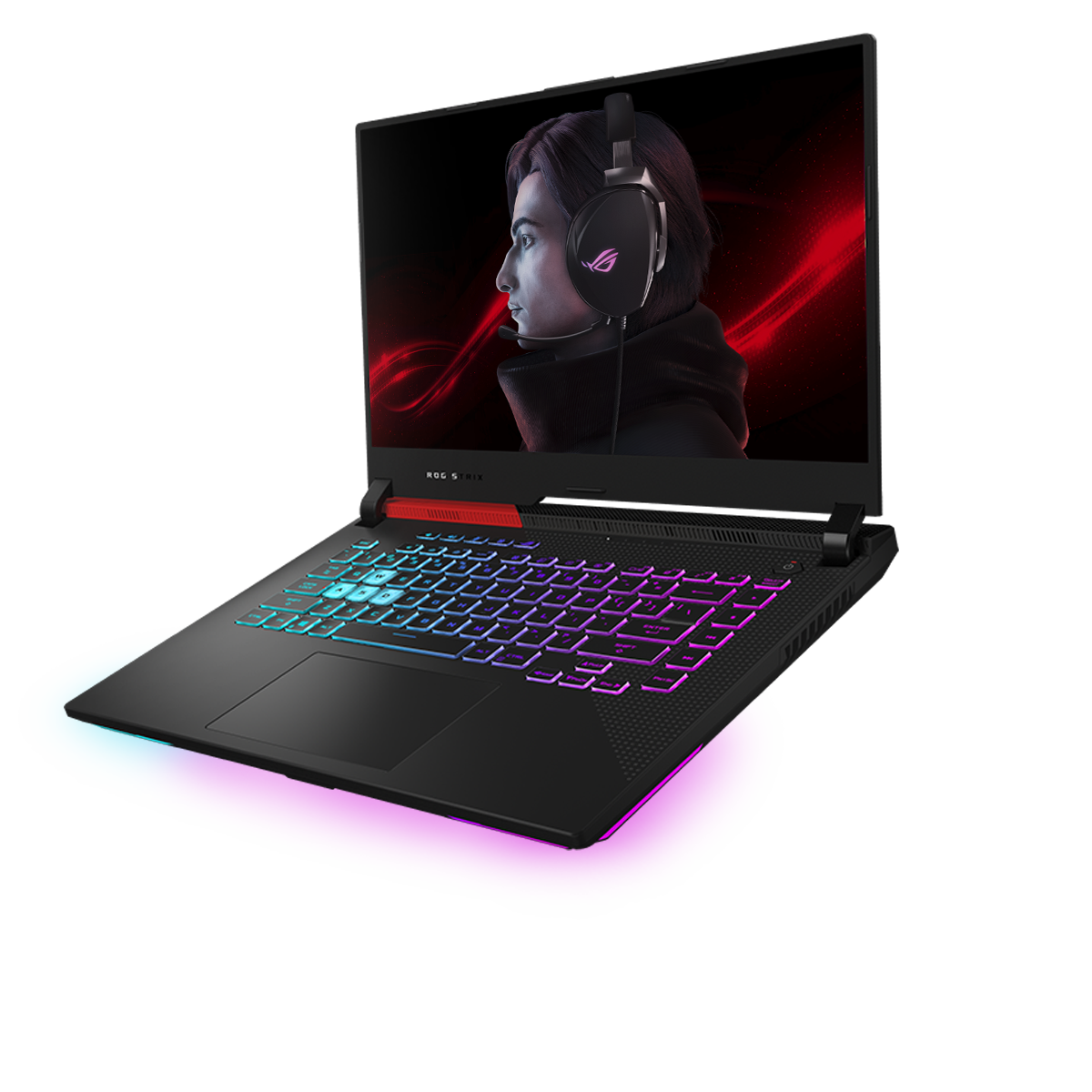 This laptop emits a red sound wave, and its screen displays Scar Runner wearing ROG headphones with a red sound wave graphic in the background.
