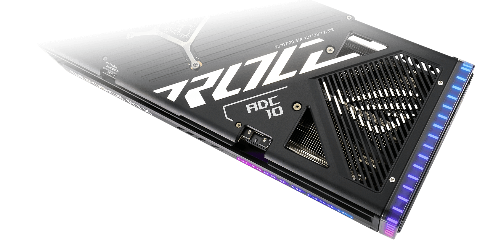 Vue arrière de la carte graphique ROG Strix GeForce RTX 4070 Ti.