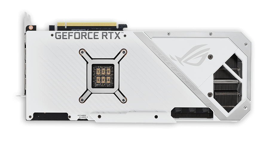 ROG STRIX RTX 3080 V2 WHITE OC EDITION top view featuring vented backplate and shortened circuit board