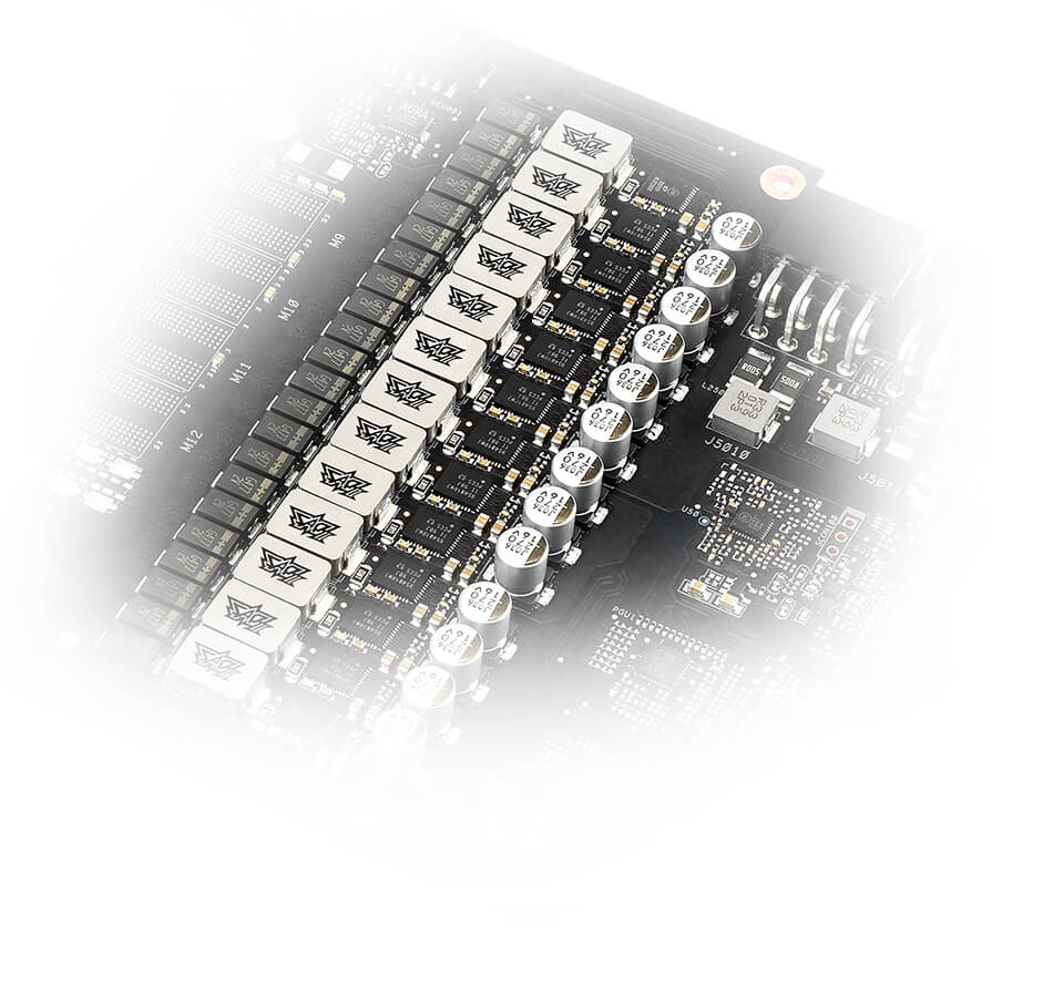 Graphics card circuit board closeup highlighting power delivery component layout