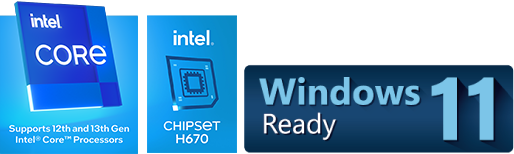 Core i9 processor icon, Intel H670 Chipset icon, Windows 11 icon