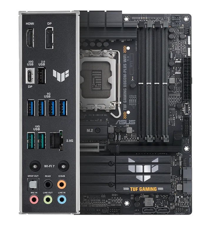 TUF Gaming motherboard front view, with Aura lighting, and I/O shield