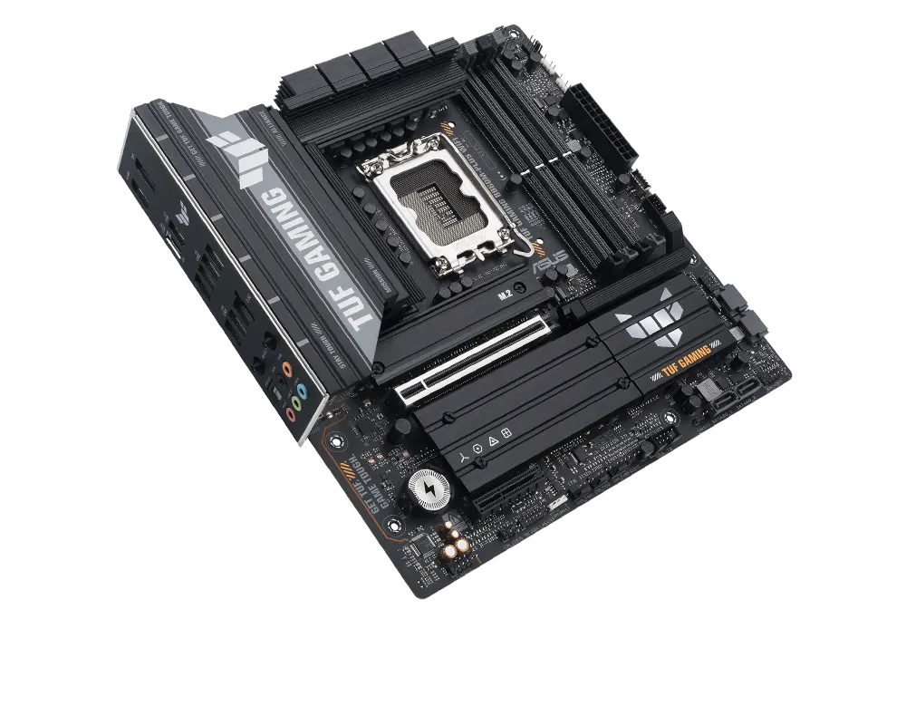 TUF Gaming motherboard front view, 45 degrees