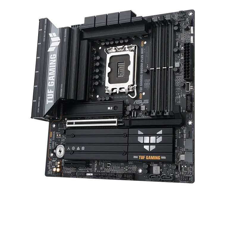 TUF Gaming motherboard front view, 60 degrees, with Aura lighting