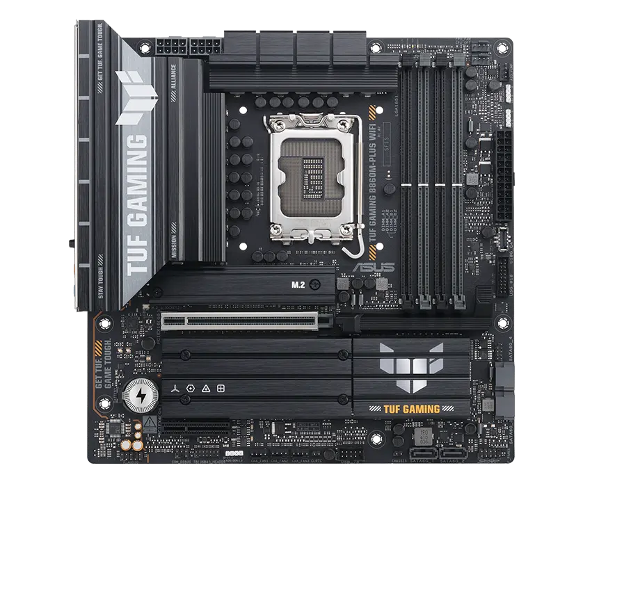 TUF Gaming motherboard front view, with Aura lighting