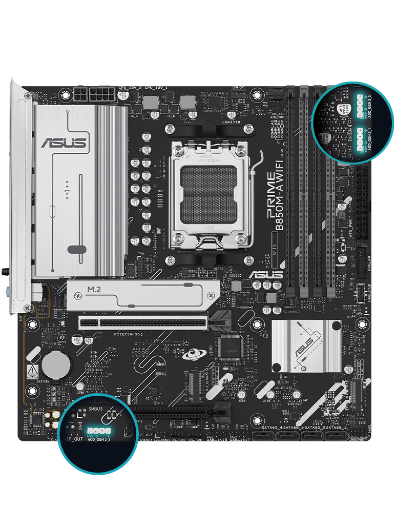PRIME B850M-A WIFI front view, 45 degrees.