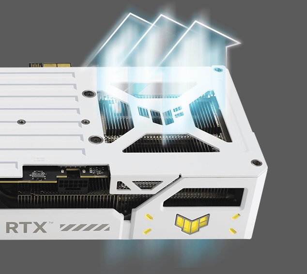 Grafik, die zeigt, wie der Luftstrom durch das belüftete Exoskelett der TUF Gaming RTX 5070 Ti BTF White Edition fliesst