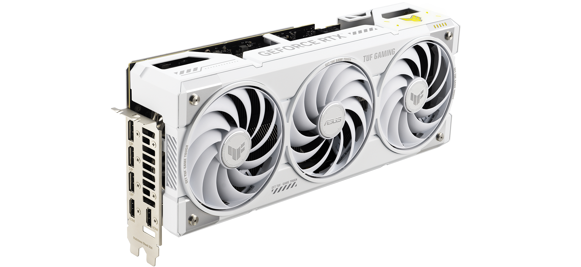Schräge Frontansicht der TUF Gaming GeForce RTX 5070 Ti BTF White Edition mit Dreifach-Lüftern und ARGB-Beleuchtung