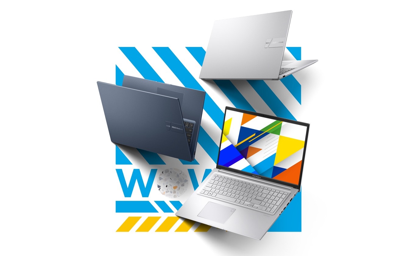 Один ноутбук ASUS Vivobook 17, у кольорі Cool Sliver, зображено відкритим, видно його екран і клавіатуру, а інші, у кольорах Quite Blue та Terra Cotta, закритими, видно їхні кришки.